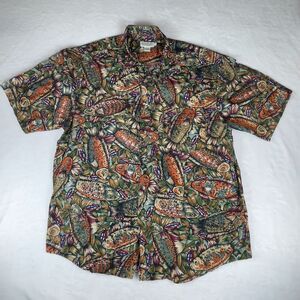 Banana Republic Safari Shirt Men XL Green All Over Fish Print Casual Button Down